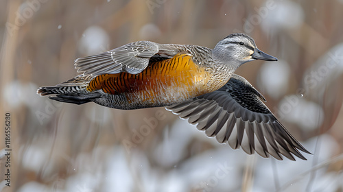 Gadwall flying on sky isolated on white background