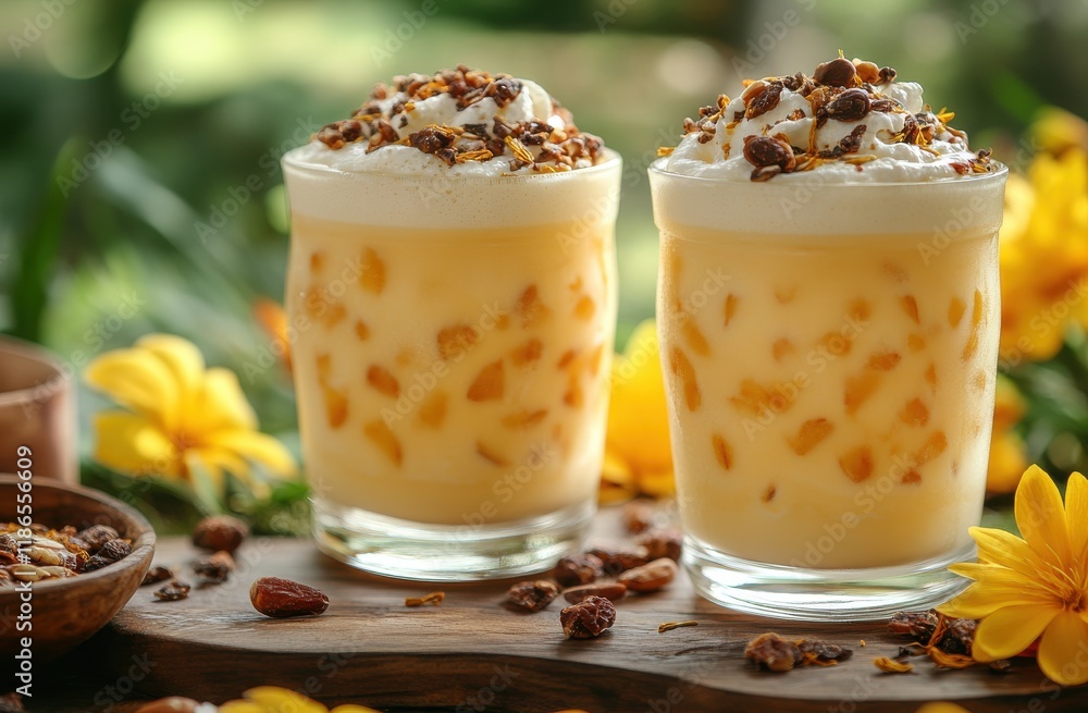 Refreshing mango smoothies topped with whipped cream and crunchy granola, perfect for a summer day. Refreshing mango smoothies topped with whipped cream and crunchy granola, perfect for a summer day.