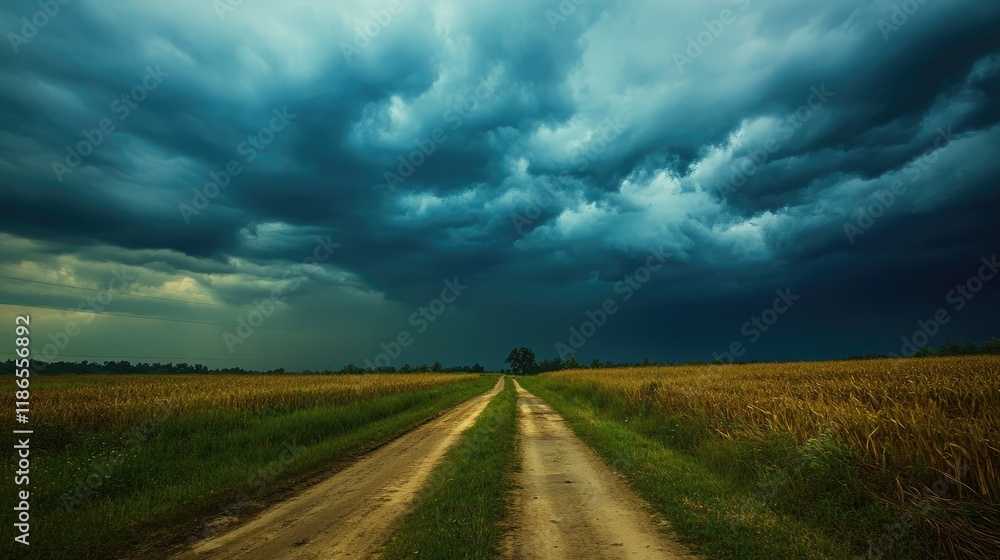 Stormy summer landscape with dark clouds over rural road and golden fields under ominous skies, evoking nature's intense power and beauty. Stormy summer landscape with dark clouds over rural road and golden fields under ominous skies, evoking nature's intense power and beauty.