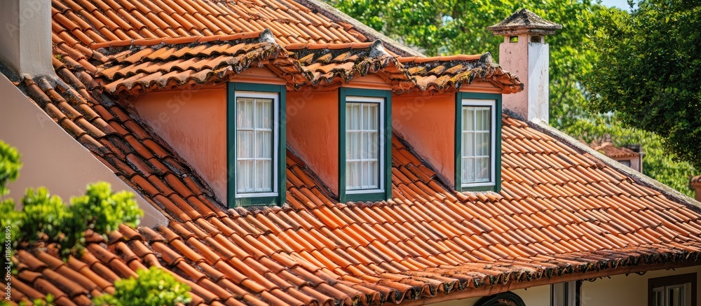 Charming townhouse roof featuring vibrant red tiles and unique architectural details in a scenic setting surrounded by greenery Charming townhouse roof featuring vibrant red tiles and unique architectural details in a scenic setting surrounded by greenery