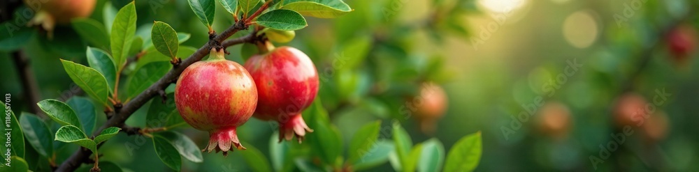Pomegranate tree with red orange flower sprouting from trunk, botanical, leafy Pomegranate tree with red orange flower sprouting from trunk, botanical, leafy
