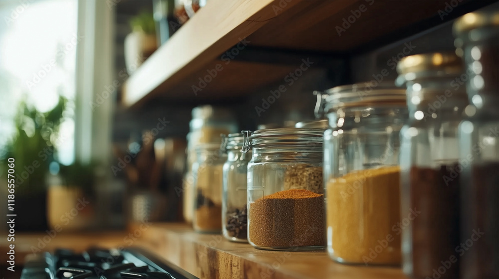 A shelf with jars of spices and herbs A shelf with jars of spices and herbs