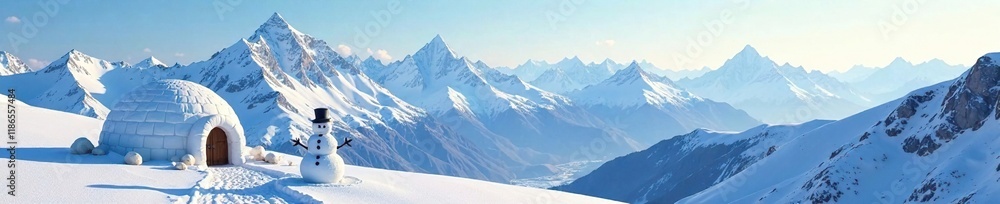 Obraz premium A majestic snow-covered mountain range in the background with an igloo and snowman in the foreground, expansive, mountains