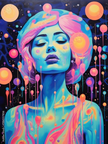 Vibrant portrait of a woman with surreal colors and dripping patterns in a cosmic backdrop