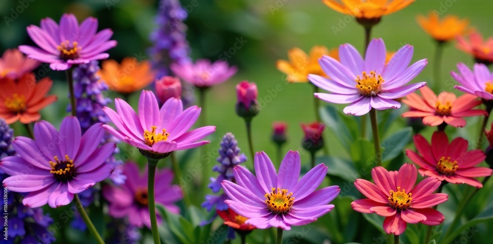 Obraz premium Purple flowers in a garden amidst other colorful blooms, arrangement, mix, wildflowers