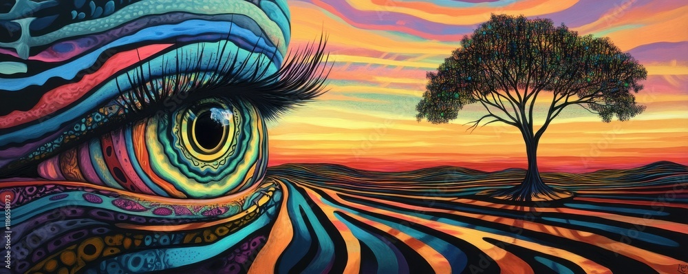 Surreal landscape featuring an eye surrounded by swirling patterns and vibrant colors, set against a backdrop of a striped horizon and a solitary tree Surreal landscape featuring an eye surrounded by swirling patterns and vibrant colors, set against a backdrop of a striped horizon and a solitary tree