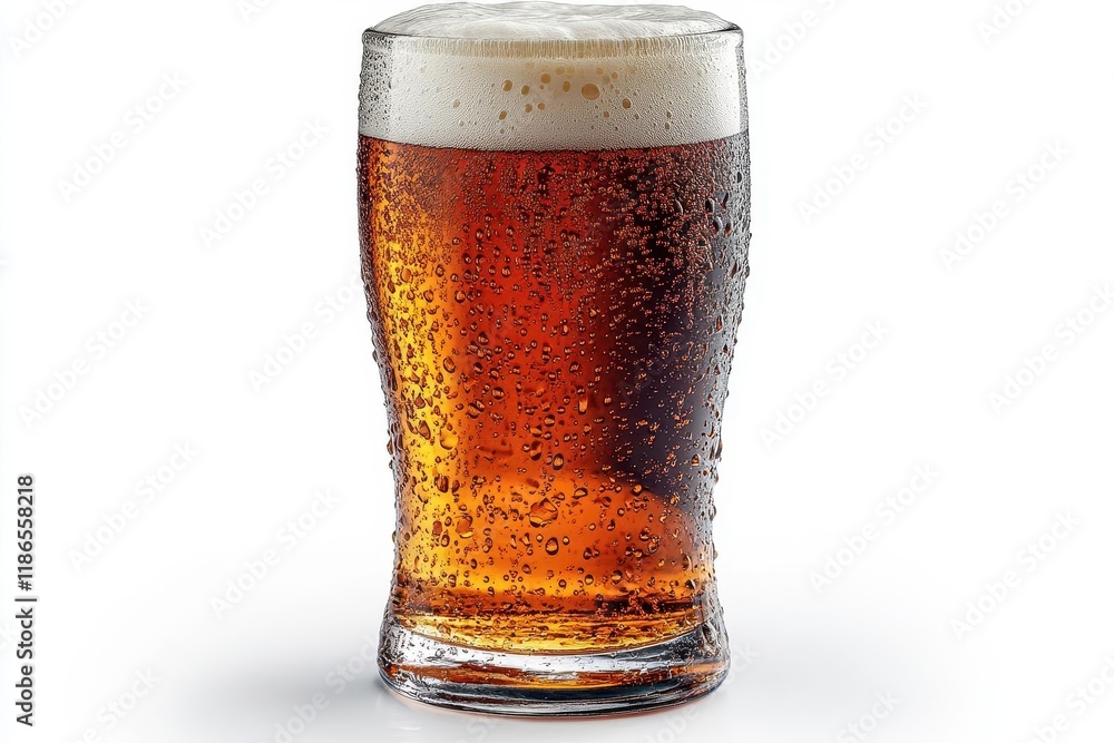 refreshing glass of cold beer with perfect foam head and rising bubbles isolated on pure white background, product photography refreshing glass of cold beer with perfect foam head and rising bubbles isolated on pure white background, product photography