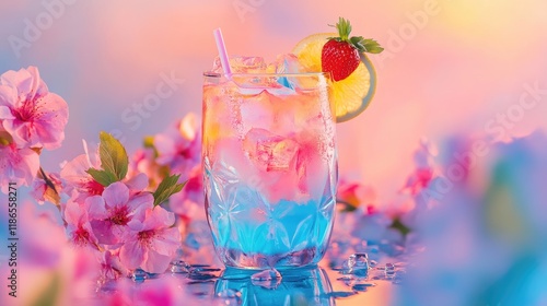 Fototapeta Naklejka Na Ścianę i Meble -  Vibrant cocktail adorned with fruits surrounded by blooming flowers creating a refreshing springtime ambiance