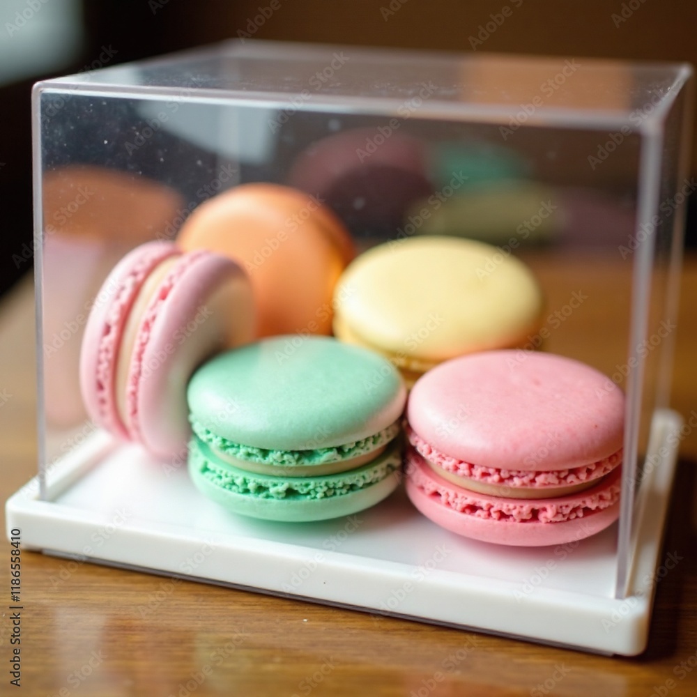 Fototapeta premium Delicate pastel macaron cookies inside clear plastic window, cookies, packaging