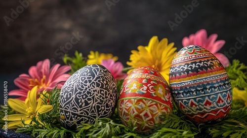 Traditional hand-painted Easter eggs with intricate folk patterns and ornaments displayed with fresh spring flowers and greenery against dark rustic background in festive composition. photo