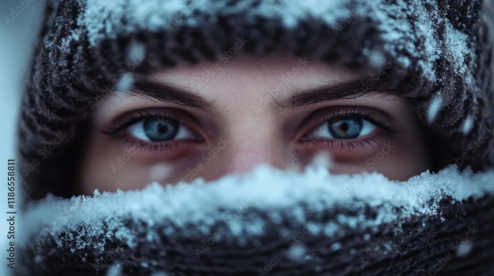Blue-eyed individual gazes through a snow-covered scarf in a winter landscape while soft snowflakes fall gently from the sky Blue-eyed individual gazes through a snow-covered scarf in a winter landscape while soft snowflakes fall gently from the sky