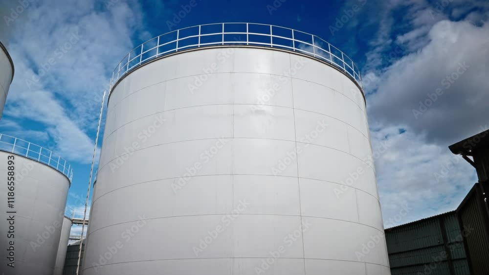 Large industrial storage tanks under a bright blue sky with scattered clouds. The white cylindrical structures feature metal railings on top, standing out against the vibrant backdrop. Large industrial storage tanks under a bright blue sky with scattered clouds. The white cylindrical structures feature metal railings on top, standing out against the vibrant backdrop.