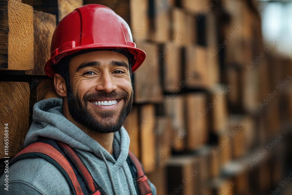 Smiling construction worker in hard hat stands in front of stacked lumber at a building site during daylight hours Smiling construction worker in hard hat stands in front of stacked lumber at a building site during daylight hours