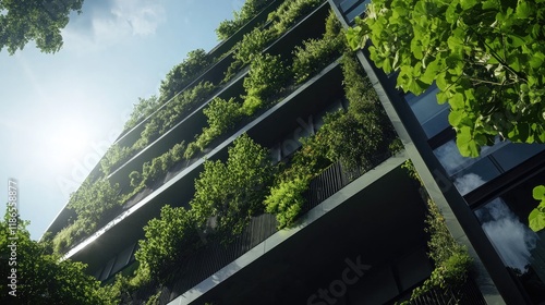 Eco-friendly architecture with greenery on building facade under sunlight showcasing sustainable urban living practices