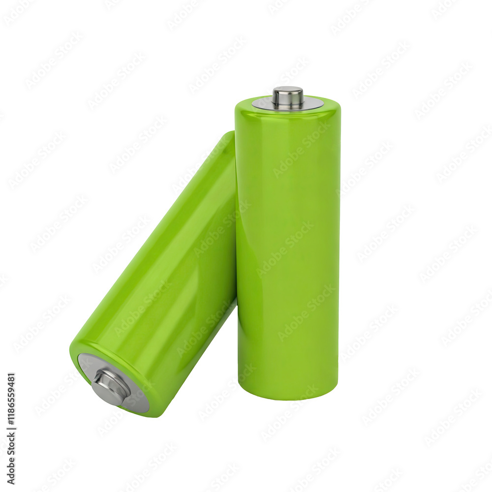 Two green cylindrical rechargeable AAA batteries on a transparent background Two green cylindrical rechargeable AAA batteries on a transparent background