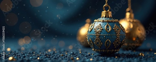 Wallpaper Mural Ornate gold balls suspended from a dark blue thread with sparkling accents, thread, sparkle Torontodigital.ca