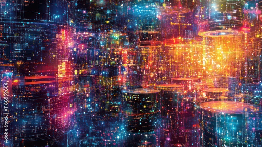 Obraz premium Abstract digital city with glowing data streams and colorful cylinders.