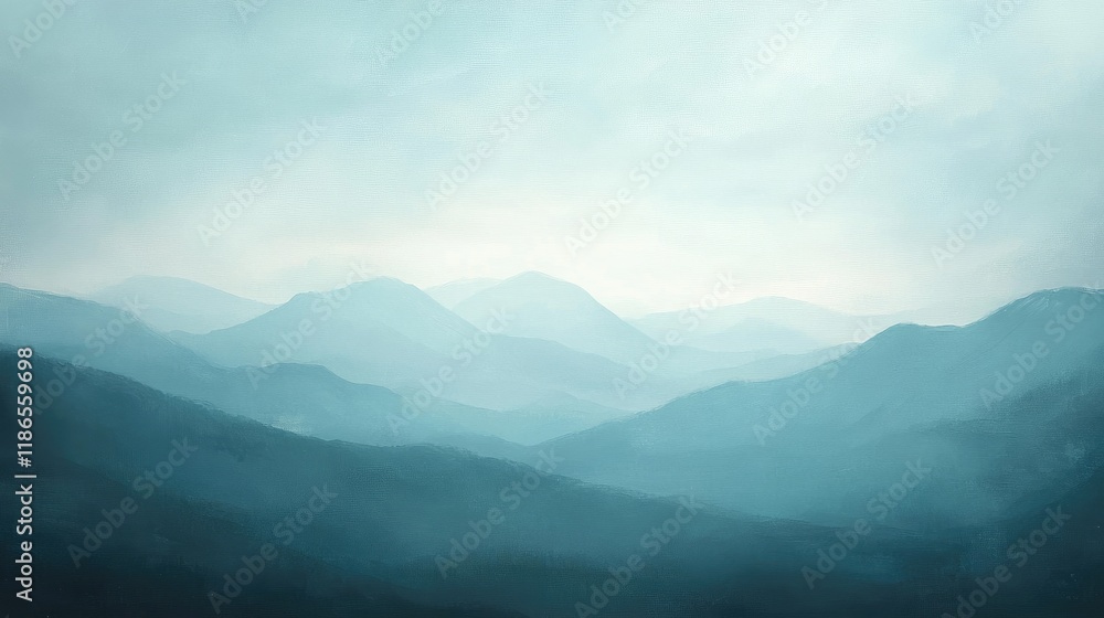 Obraz premium Misty blue peaks of the Smoky Mountains layered in the distance under a serene hazy sky creating a tranquil natural landscape scene.