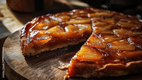 Sliced Tarte Tatin on a wooden board with caramelized apples glistening in sunlight inviting a delicious dessert experience. photo