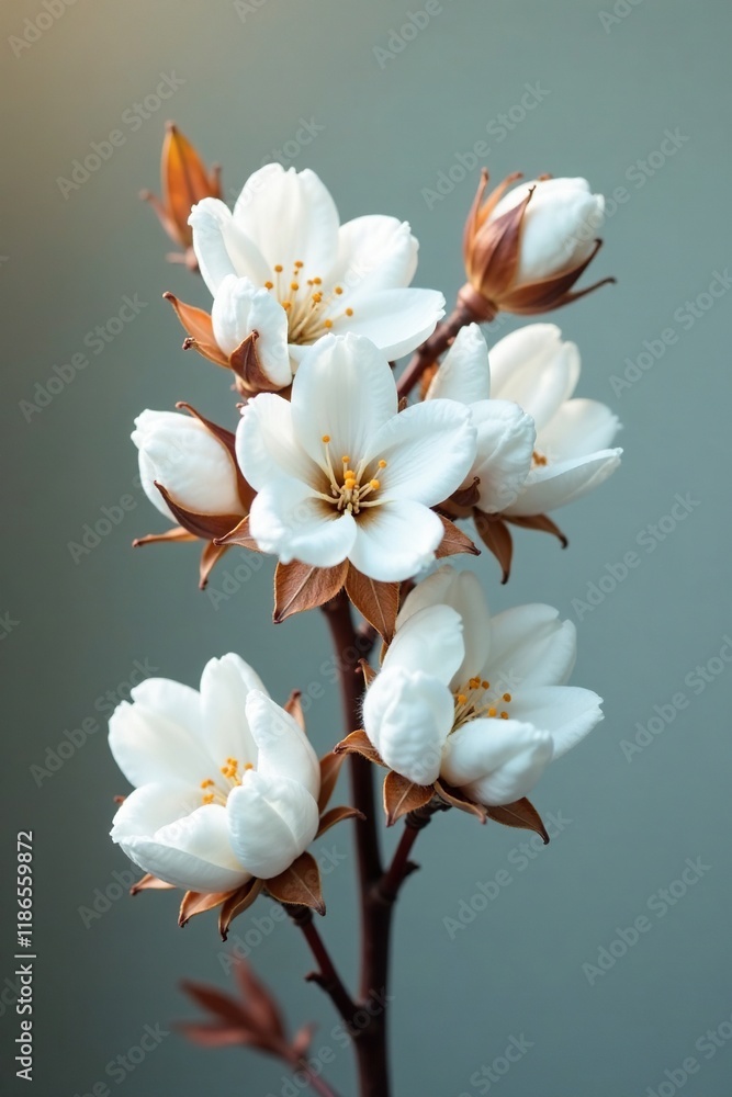 Dainty white flowers wrapped in soft cotton on a thin branch, soothing, cotton Dainty white flowers wrapped in soft cotton on a thin branch, soothing, cotton