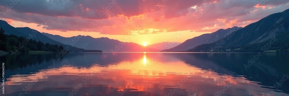 Serene lake at sunset with calm water and distant mountains, peaceful, nature Serene lake at sunset with calm water and distant mountains, peaceful, nature