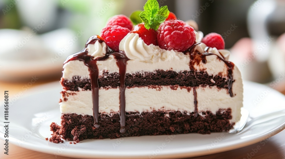 decadent chocolate cake with whipped cream and fresh raspberries garnished with mint on a white plate in a cozy setting decadent chocolate cake with whipped cream and fresh raspberries garnished with mint on a white plate in a cozy setting