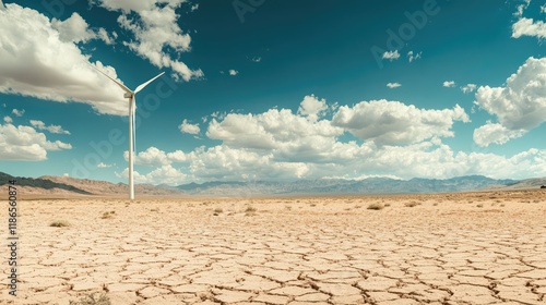 Barren semi-desert landscape featuring a solitary wind turbine against a vast dry terrain and scattered clouds in a blue sky