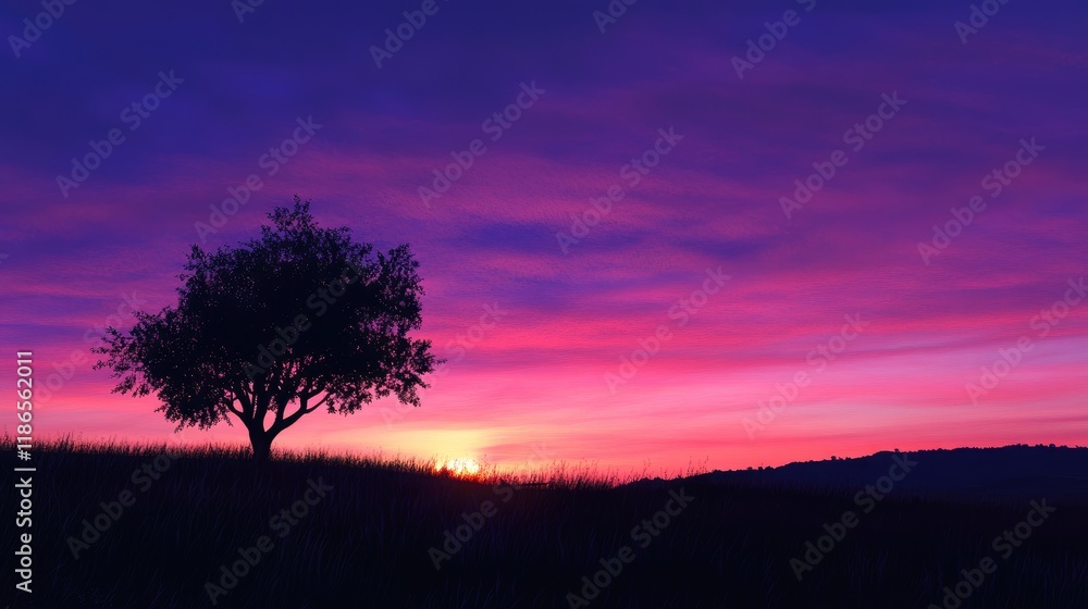 Serene silhouette of a lone tree against a vibrant early sunrise sky with soft clouds and pastel colors. Serene silhouette of a lone tree against a vibrant early sunrise sky with soft clouds and pastel colors.