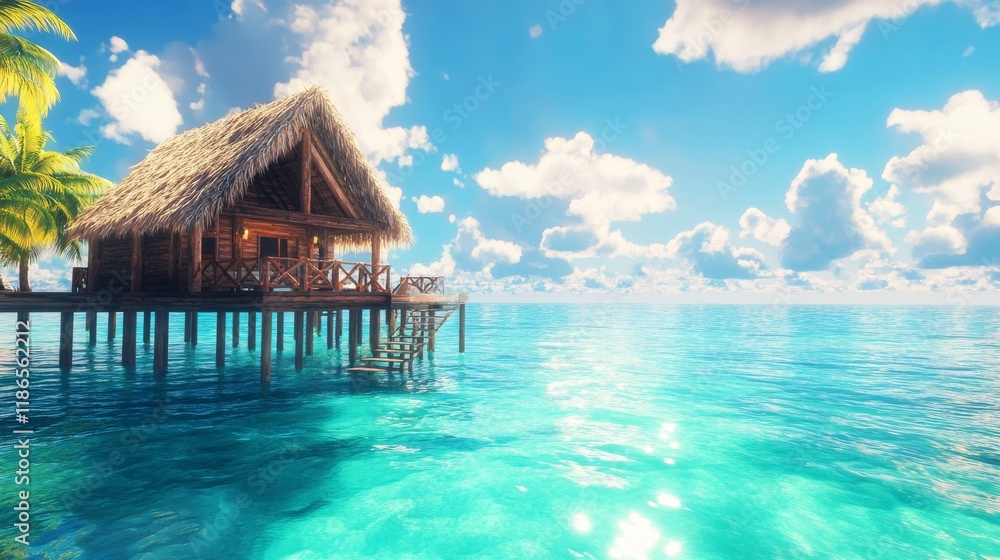 Tropical Wooden Bungalow Stands on Stilts Over Clear Ocean Waters under Sunny Skies. Tropical Wooden Bungalow Stands on Stilts Over Clear Ocean Waters under Sunny Skies.