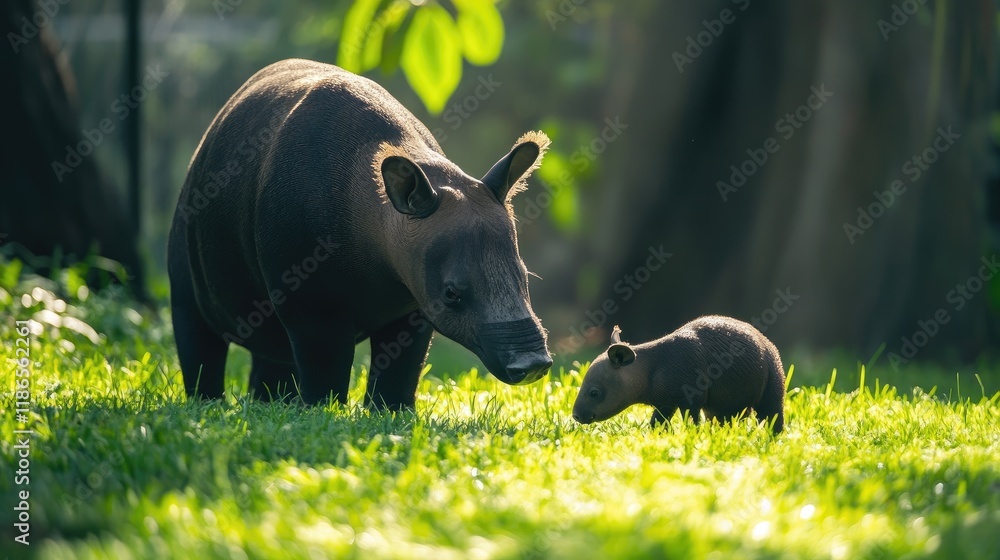 Fototapeta premium Tapir mother and baby grazing on lush green grass in a serene natural setting under soft sunlight