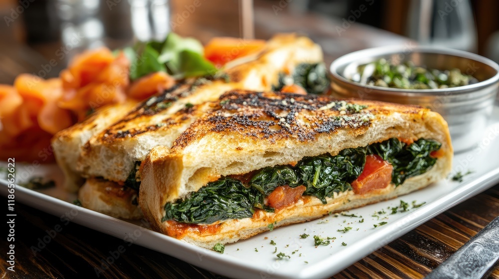 Toasted Spinach Sandwich with Fresh Vegetables and Accompaniments on a Rustic Wooden Table Toasted Spinach Sandwich with Fresh Vegetables and Accompaniments on a Rustic Wooden Table