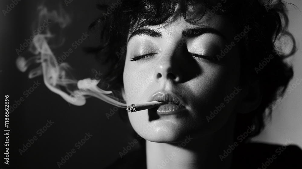 Obraz premium Woman with curly hair enjoys a cigarette while lost in thought in a dimly lit room