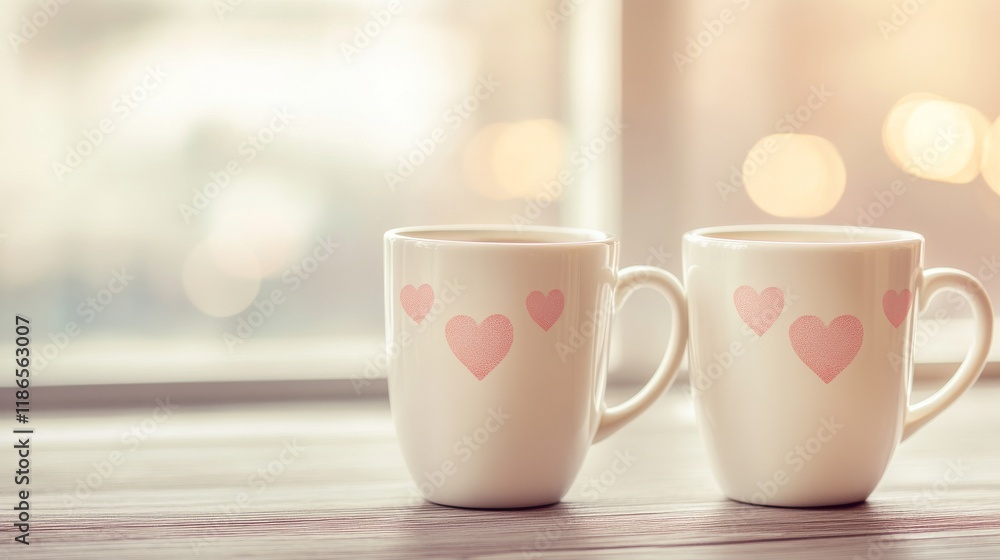 Two heart-decorated mugs stand side by side near a bright window Two heart-decorated mugs stand side by side near a bright window