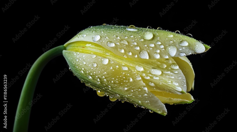 Fototapeta premium Closeup of yellow tulip flower with water droplets on petals against a black background showcasing natural beauty and freshness