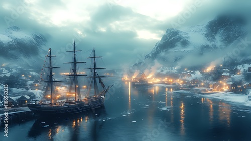 Wallpaper Mural Majestic sailing ship at snowy fjord village at night. Torontodigital.ca