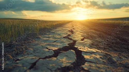 Cracked Soil at Sunset Highlighting Drought Effects on Agriculture and Environment photo