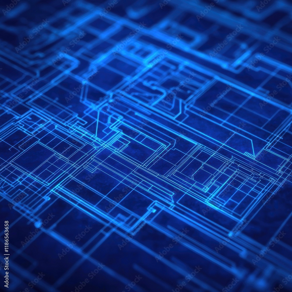 Abstract Blue Digital Circuit Board Background with Neon Lines Abstract Blue Digital Circuit Board Background with Neon Lines
