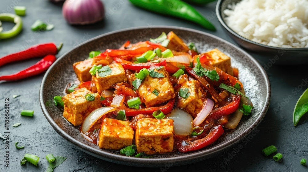 Tofu stir-fry with red and green peppers topped with fresh onions served alongside a bowl of rice in natural lighting setting Tofu stir-fry with red and green peppers topped with fresh onions served alongside a bowl of rice in natural lighting setting