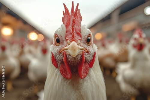 Close-up of a curious chicken in a bustling poultry farm during early morning hours, surrounded by a lively flock photo