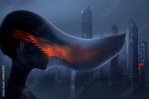 Futuristic digital metropolis with a captivating wave of light featuring quantum distortions photo