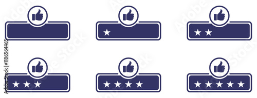 Rating star icon collection. One to five star rating, rate us, review vector icon set.  Feedback with satisfaction rating. Product rating or customer review with star. Thumb up with rating star. 