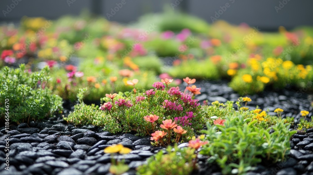 Obraz premium Vibrant Green Roof Garden Enhancing Urban Sustainability and Heat Reduction with Colorful Flowers and Natural Elements