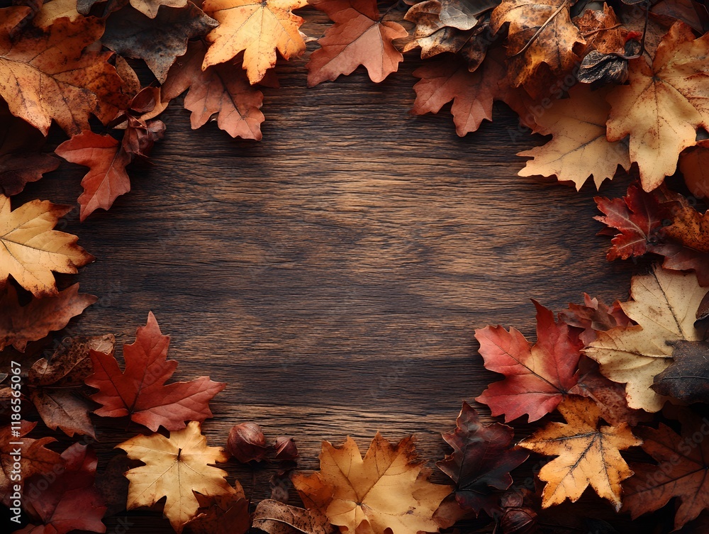 Autumn leaves scattered on a wooden table Autumn leaves scattered on a wooden table