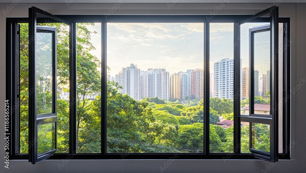 Fototapeta premium Serene Cityscape: A Tranquil View Through Open Casement Windows