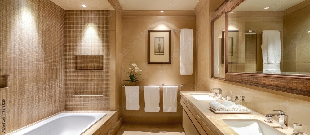 Obraz premium Elegant bathroom design with light tiles and contemporary mirror ideal for modern home aesthetics and stylish interiors