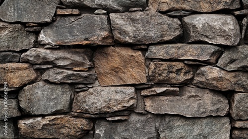 Natural textured stone wall background with varied sizes and shapes of rugged granite rocks arranged in a traditional masonry style. photo