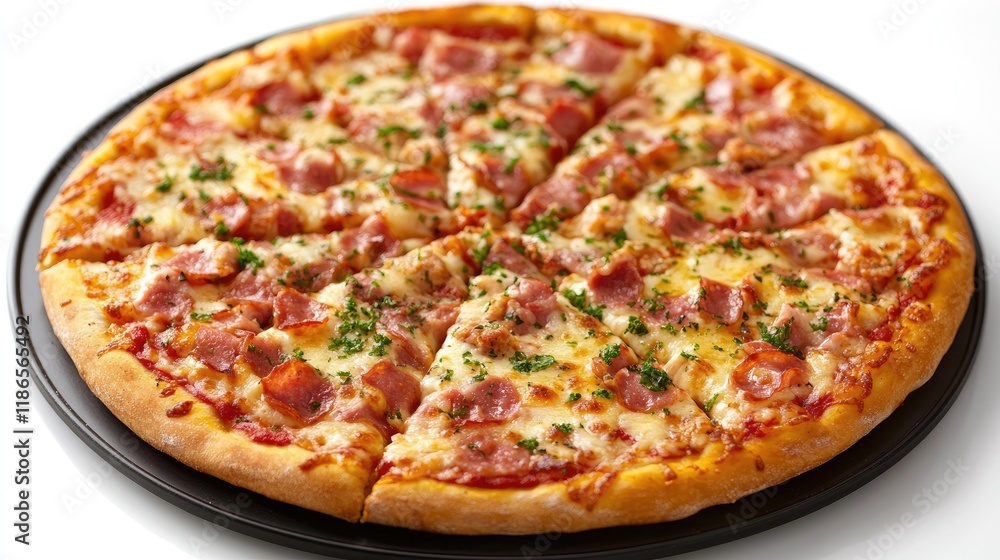 Delicious freshly baked pizza with toppings in a box ready for delivery on a clean white background Delicious freshly baked pizza with toppings in a box ready for delivery on a clean white background