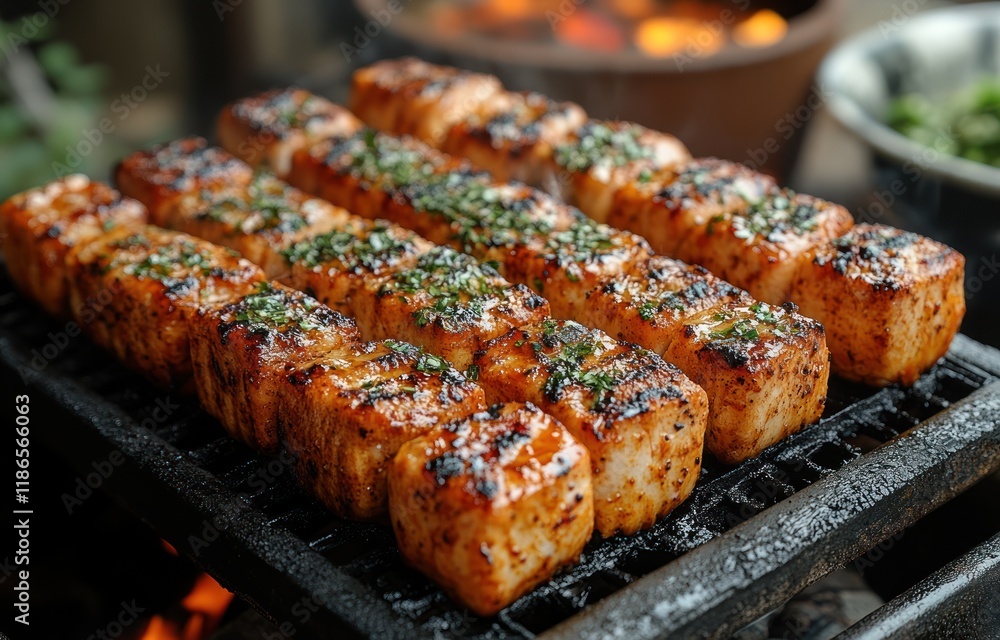 Grilled salmon skewers, outdoor cooking, fire background, food photography Grilled salmon skewers, outdoor cooking, fire background, food photography