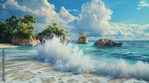 Tropical beach scene with vibrant sea waves crashing against lush islets under a blue sky with clouds photo