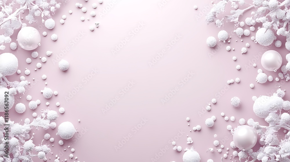 White Ornaments and Snowy Branches on Pink Background White Ornaments and Snowy Branches on Pink Background